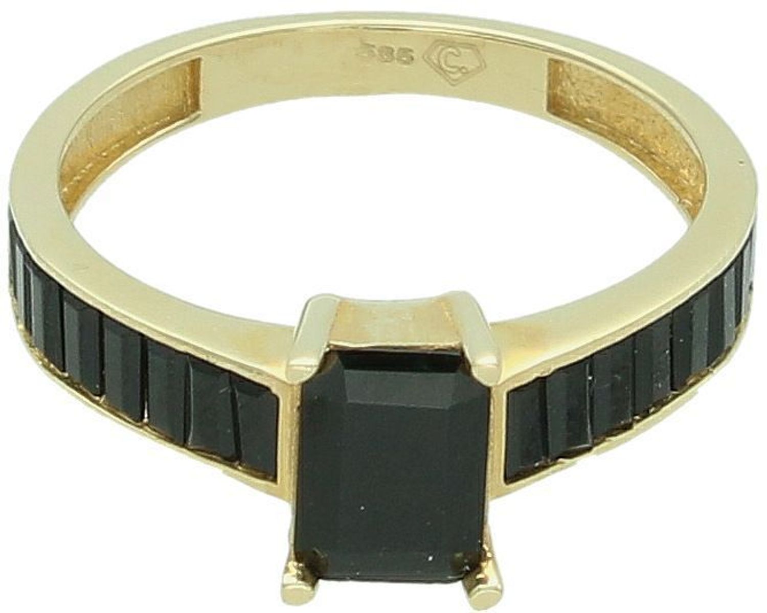 Złoty pierścionek damski próby 585, zdobiony czarnymi cyrkoniami. Waga 2,36 g, rozmiar cyrkonii 5 mm x 7 mm, szerokość szyny 2 mm. Model PI 6561 585 – elegancki pierścionek z nowoczesnym 1.jpg